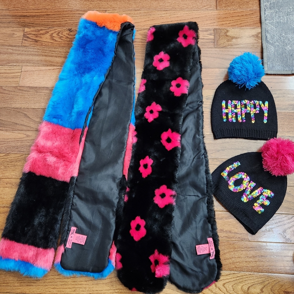 2 SETS Betsey Johnson TROLLS Colorful Hat and Scarf Set -Blue, Pink, Black
